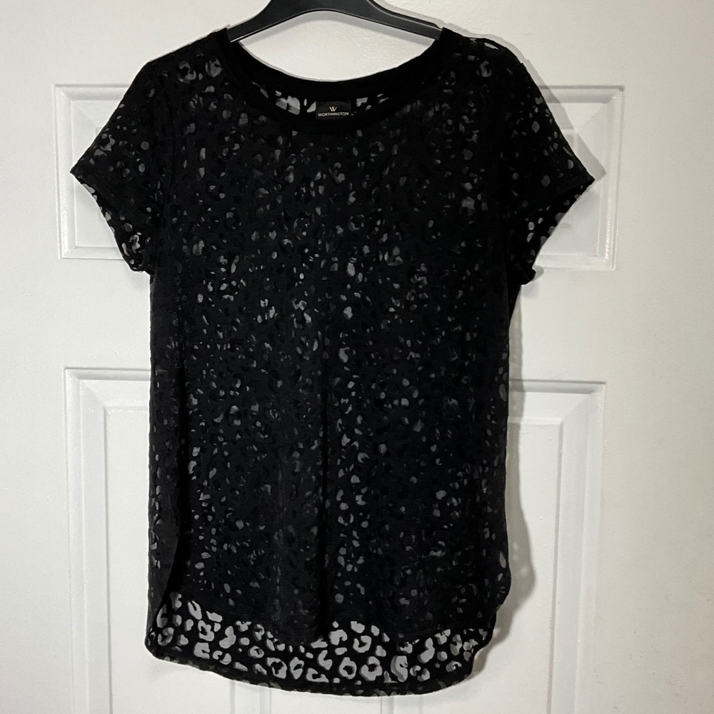 Worthington Black Leopard Burnout Short Sleeve Top Curved Hem M